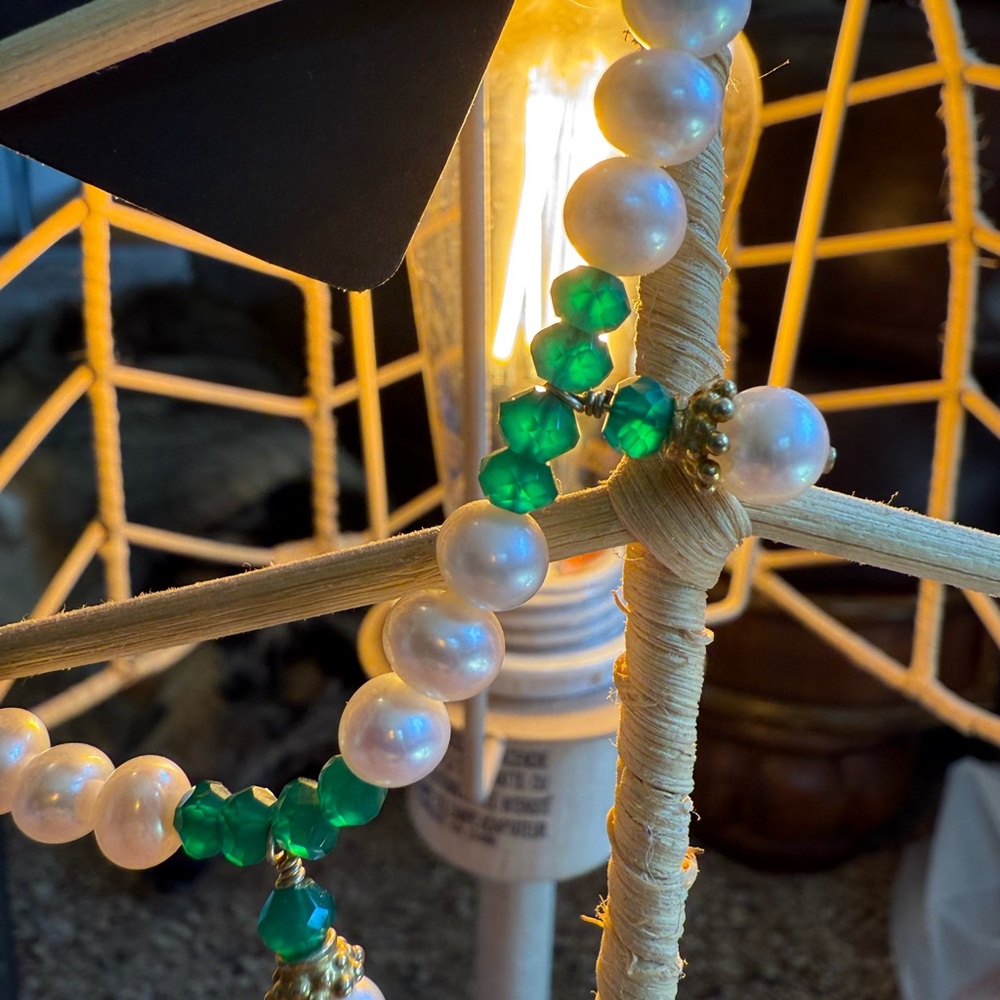 Pearl and Genuine Emerald Bead Necklace & Earrings gold plated